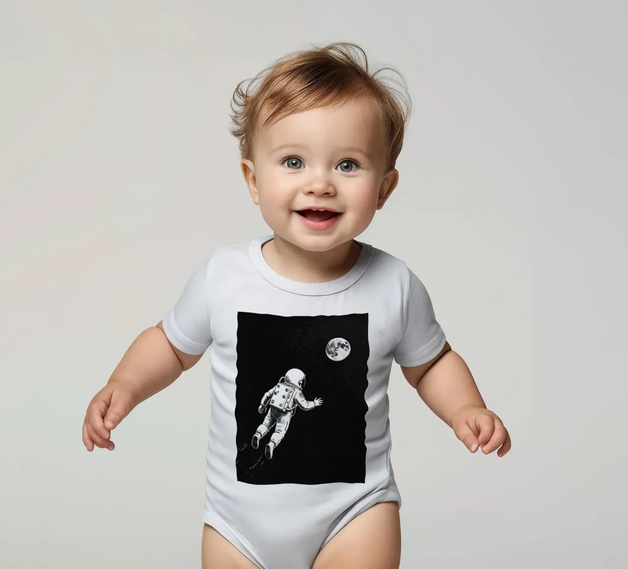 Astronaut floating towards the moon in a dark space short-sleeve baby romper by DesignDoodle