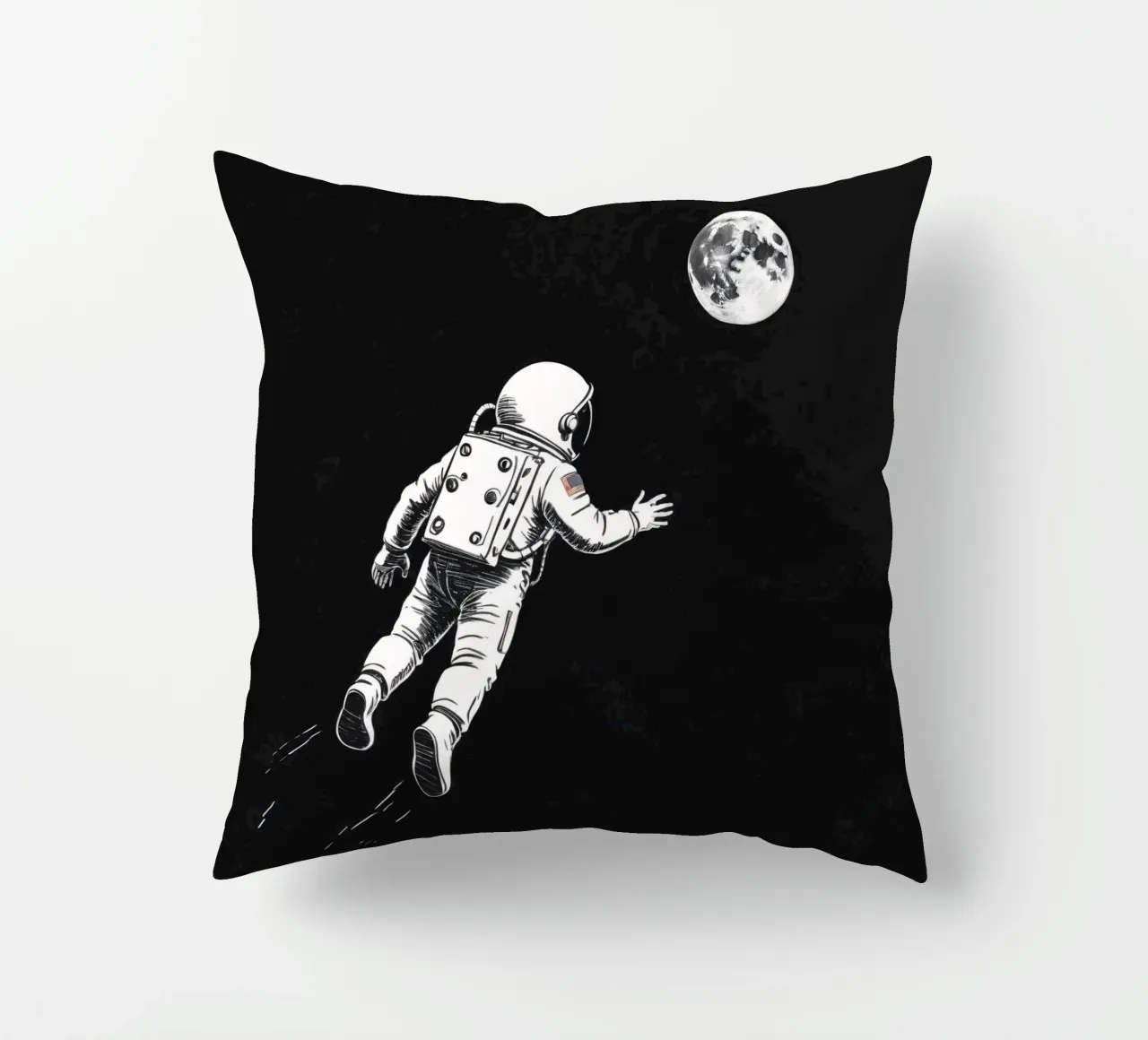 Astronaut floating towards the moon in a dark space decorative cushion by DesignDoodle