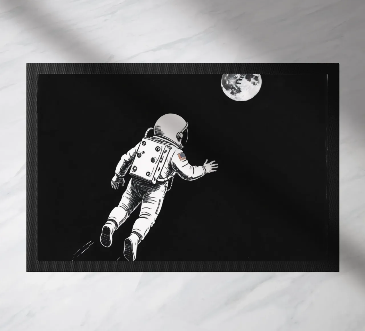 Astronaut floating towards the moon in a dark space doormat by DesignDoodle