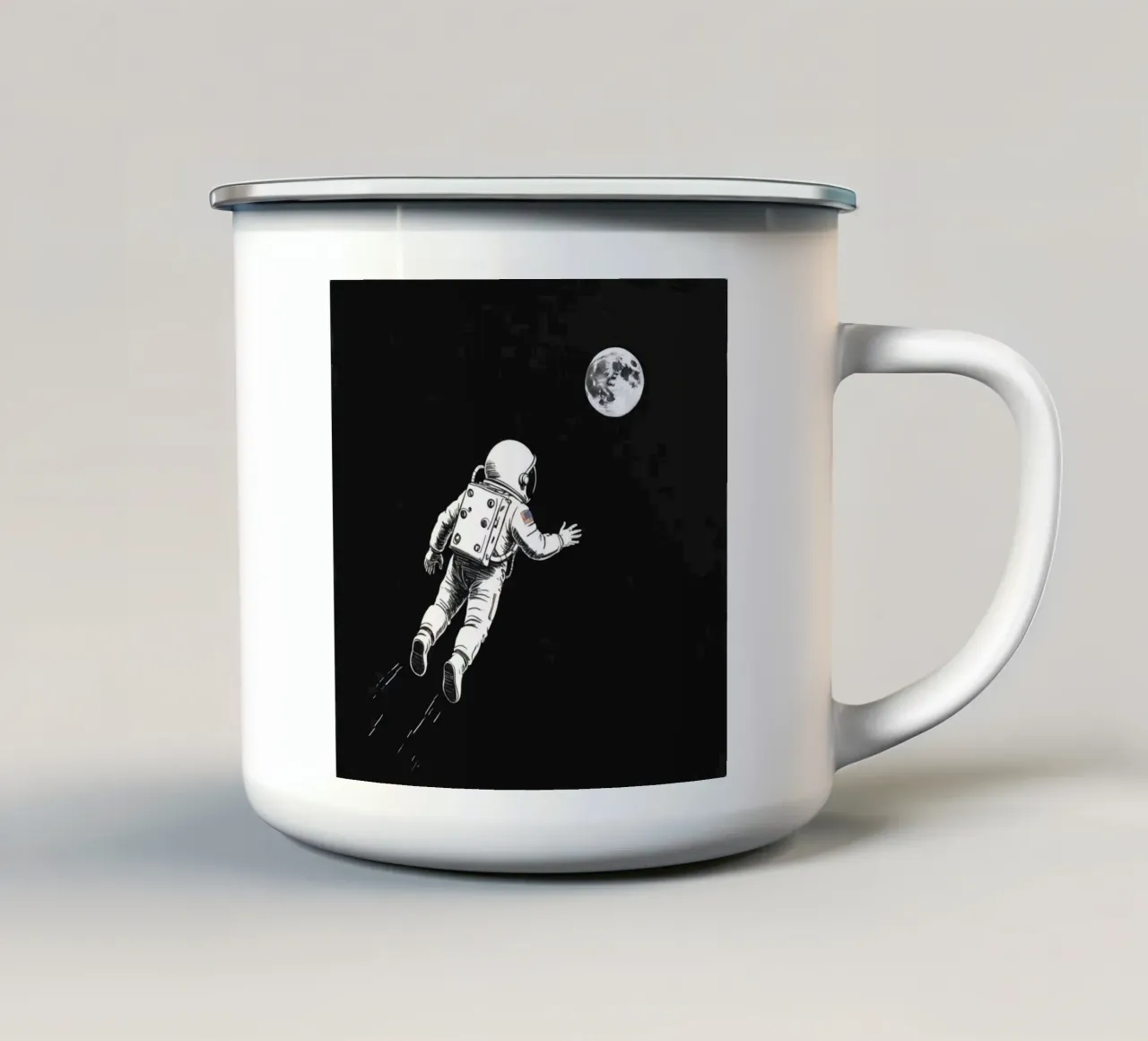 Astronaut floating towards the moon in a dark space enamel mug by DesignDoodle