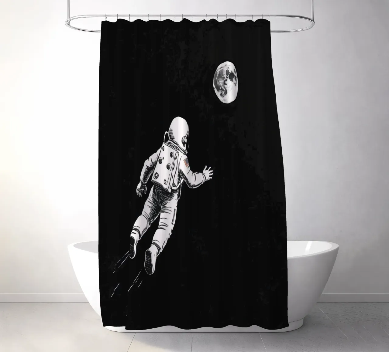 Astronaut floating towards the moon in a dark space shower curtain by DesignDoodle