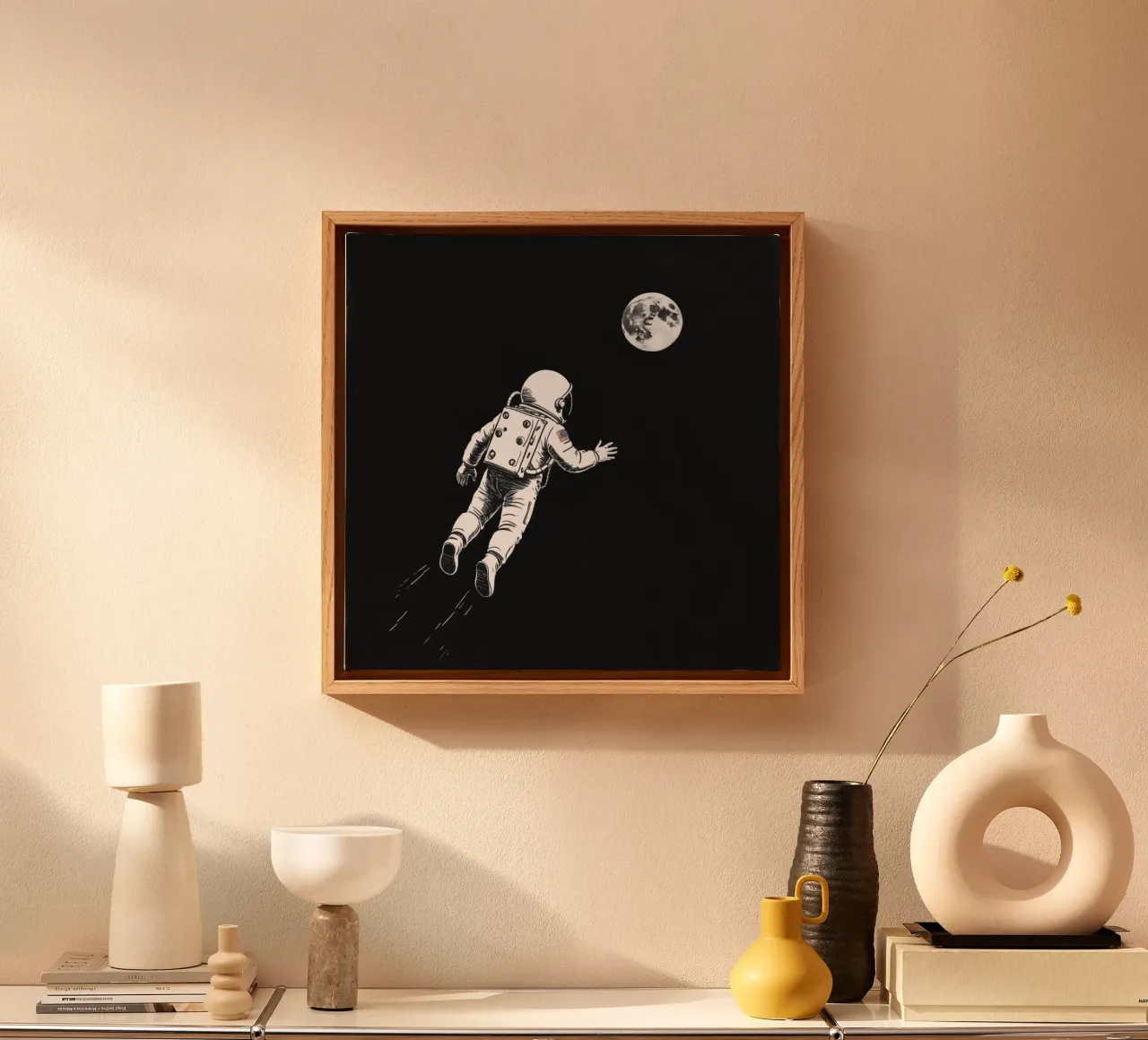 Astronaut floating towards the moon in a dark space canvas by DesignDoodle