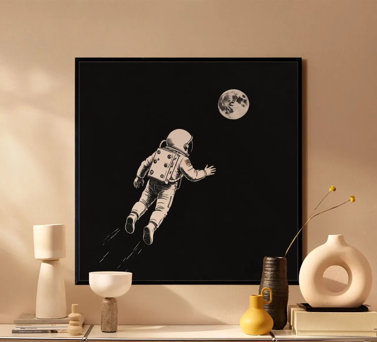 Astronaut floating towards the moon in a dark space hahnemühle by DesignDoodle