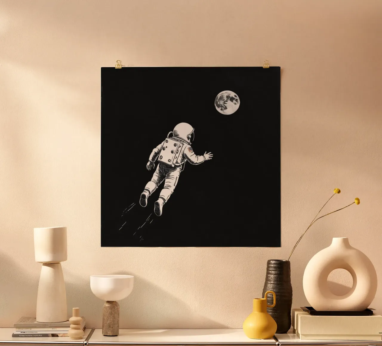 Astronaut floating towards the moon in a dark space hahnemühle by DesignDoodle
