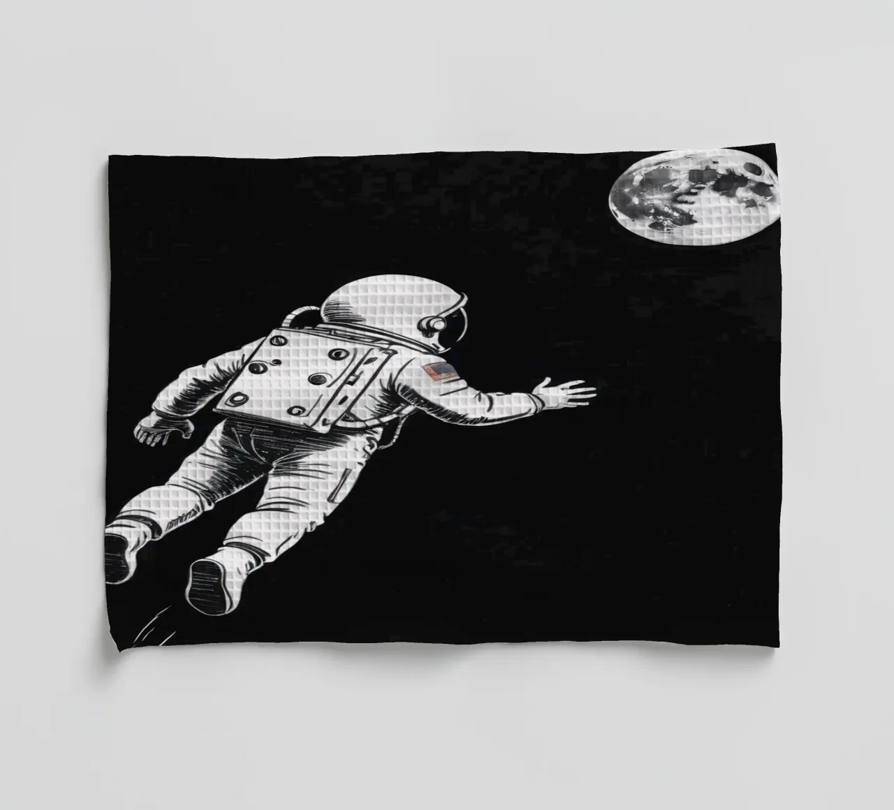 Astronaut floating towards the moon in a dark space tea towel by DesignDoodle