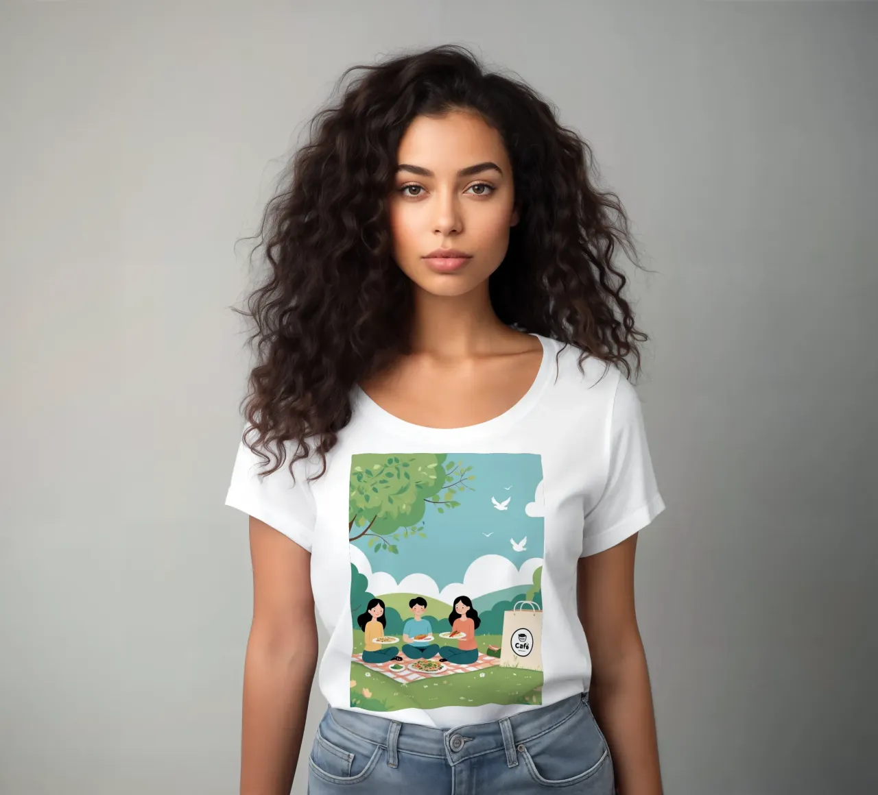 Amici che si godono un picnic in un parco verde in una giornata di sole t-shirt da donna da DesignDoodle