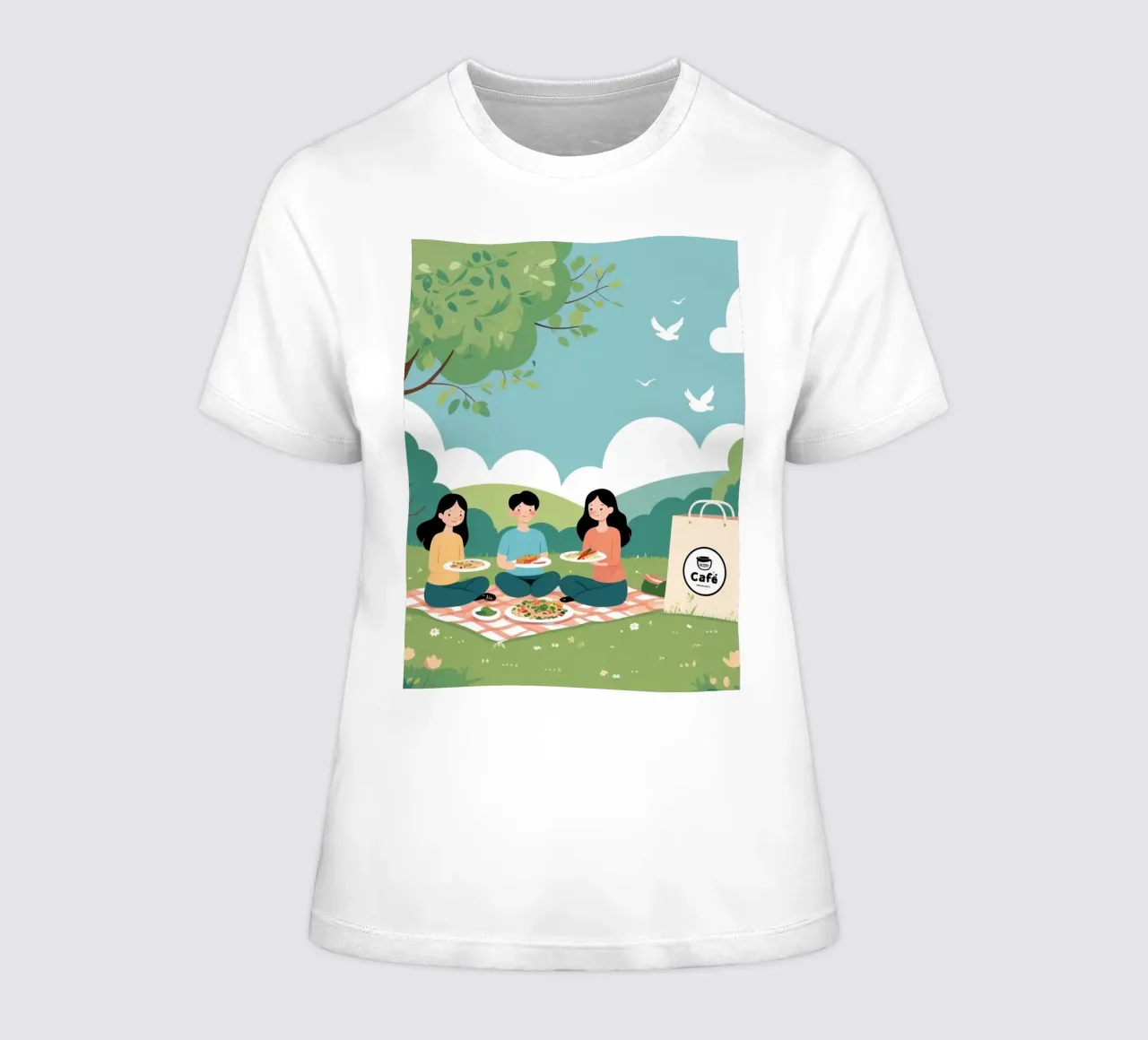 Amici che si godono un picnic in un parco verde in una giornata di sole t-shirt da donna da DesignDoodle