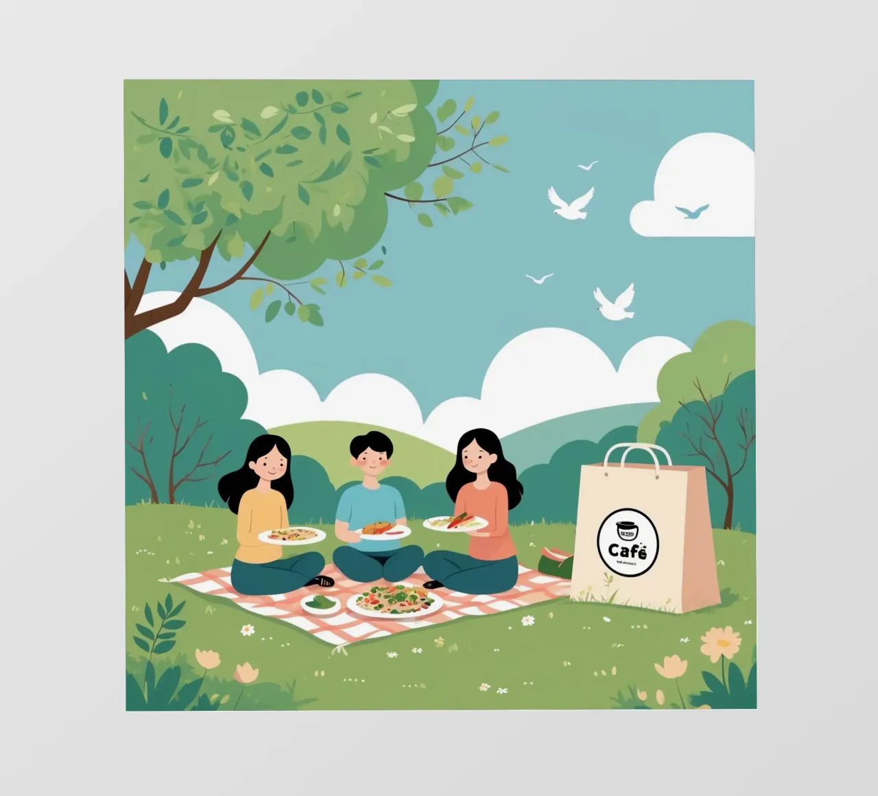 Amigos disfrutando de un picnic en un frondoso parque verde en un día soleado papel para pared de DesignDoodle