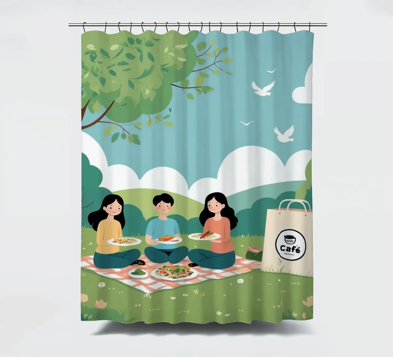 Amici che si godono un picnic in un parco verde in una giornata di sole tenda da doccia da DesignDoodle