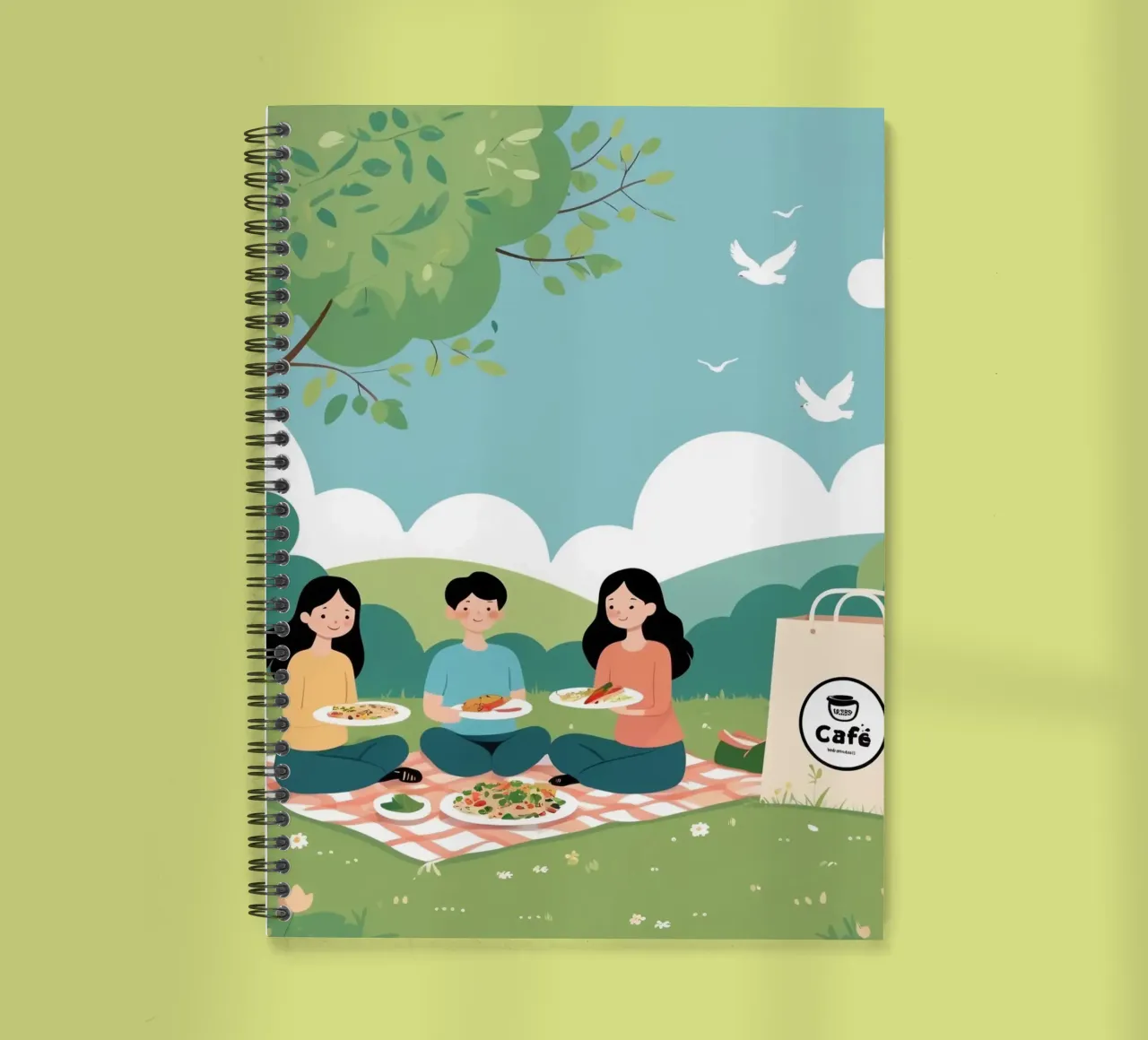 Amici che si godono un picnic in un parco verde in una giornata di sole diario ad anelli da DesignDoodle