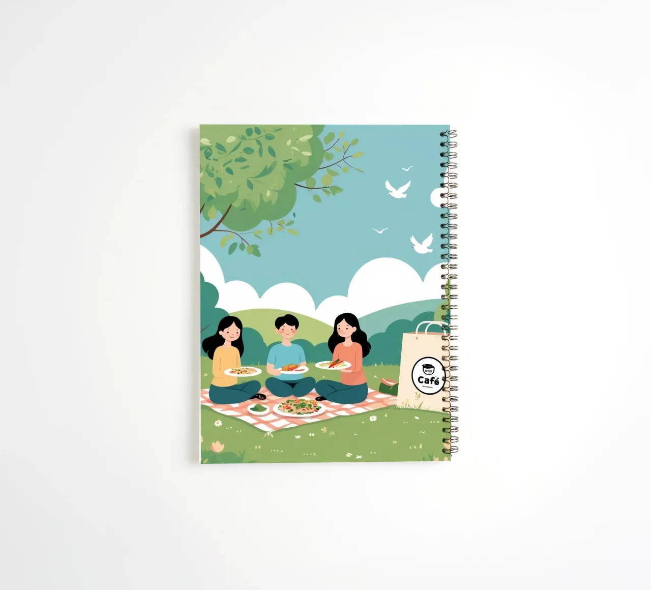 Amici che si godono un picnic in un parco verde in una giornata di sole diario ad anelli da DesignDoodle