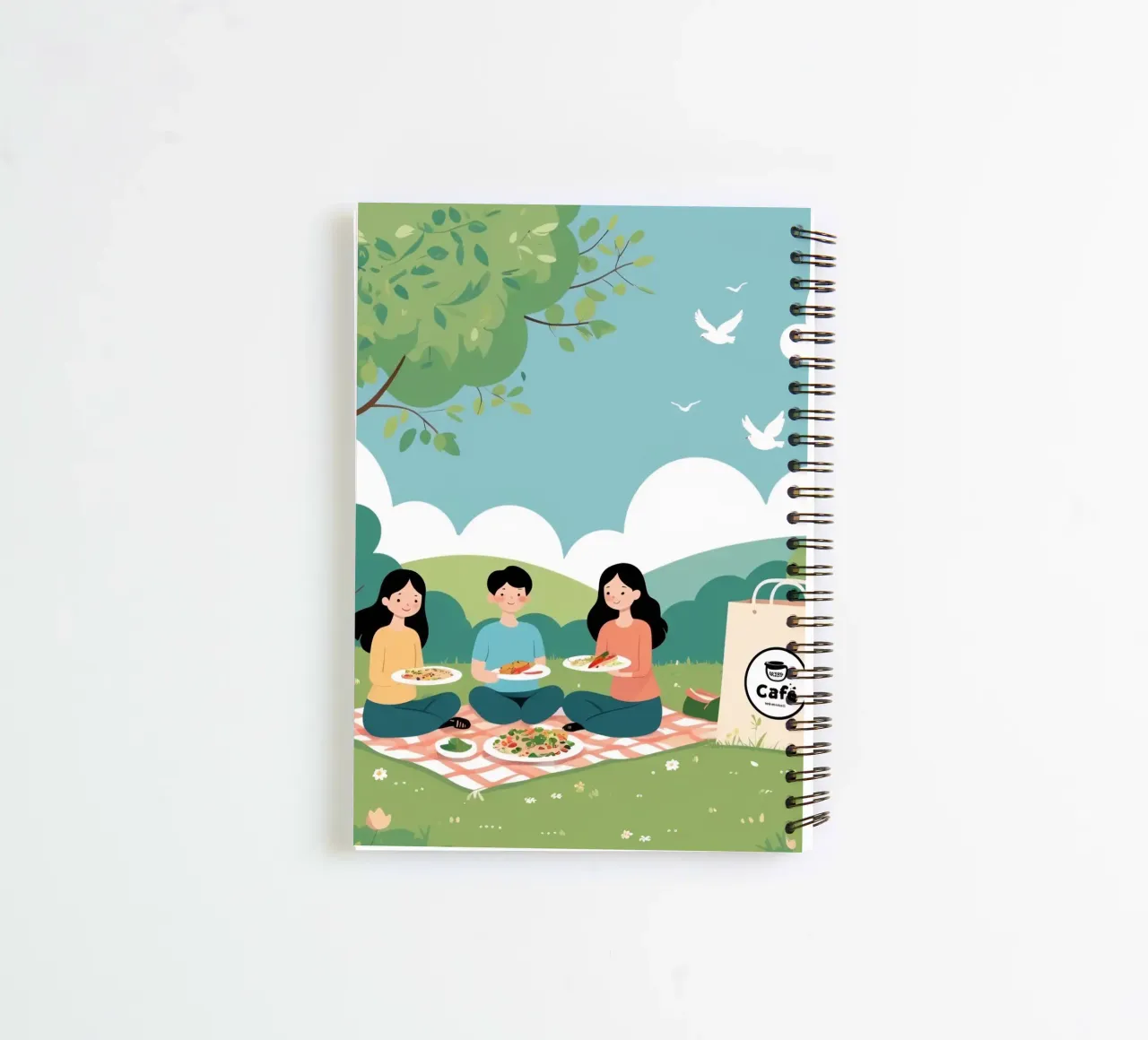 Amici che si godono un picnic in un parco verde in una giornata di sole diario ad anelli da DesignDoodle