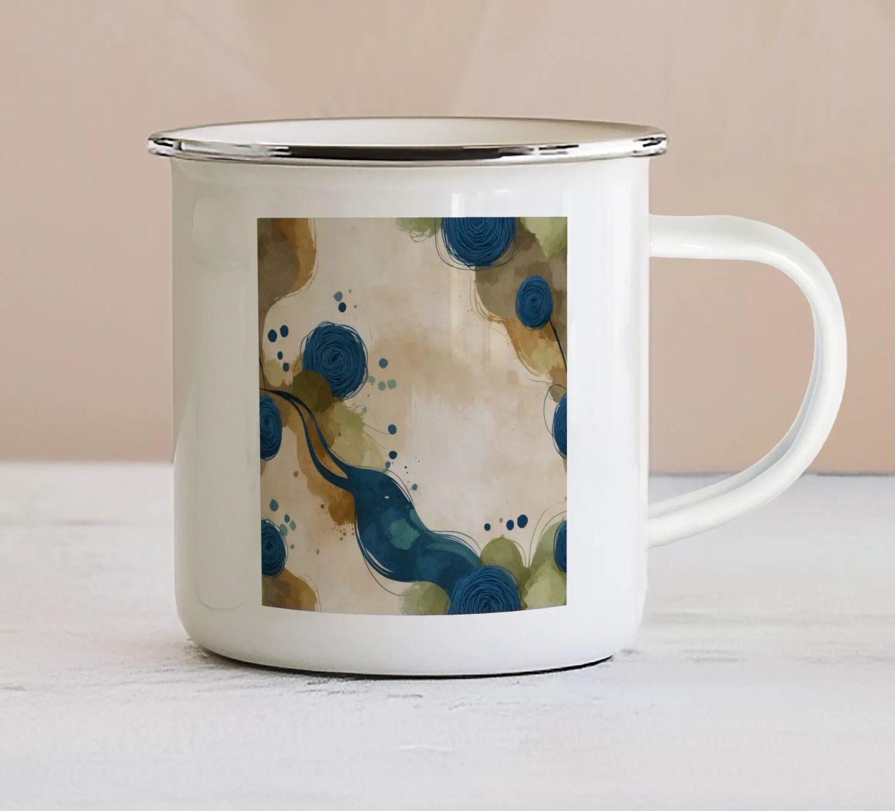 Colorful abstract pattern featuring round shapes and flowing enamel mug by DesignDoodle