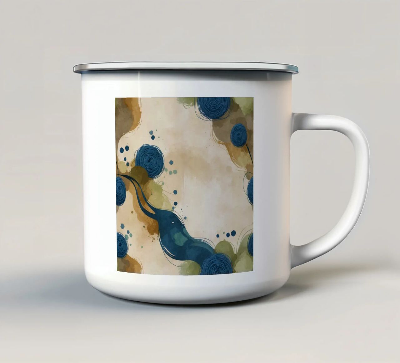 Colorful abstract pattern featuring round shapes and flowing enamel mug by DesignDoodle