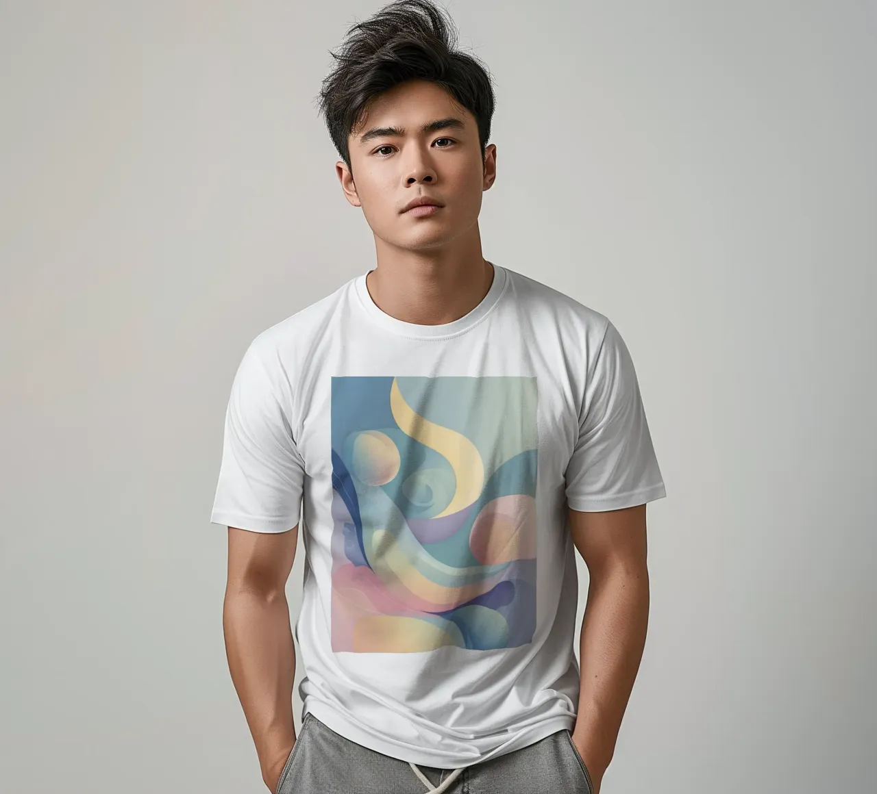 Abstract composition featuring flowing shapes, soft pastel t-shirt by DesignDoodle