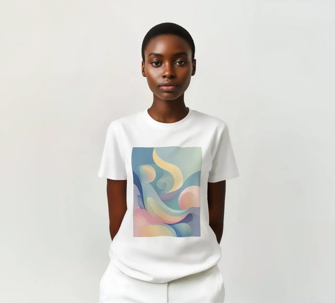 Abstract composition featuring flowing shapes, soft pastel t-shirt by DesignDoodle