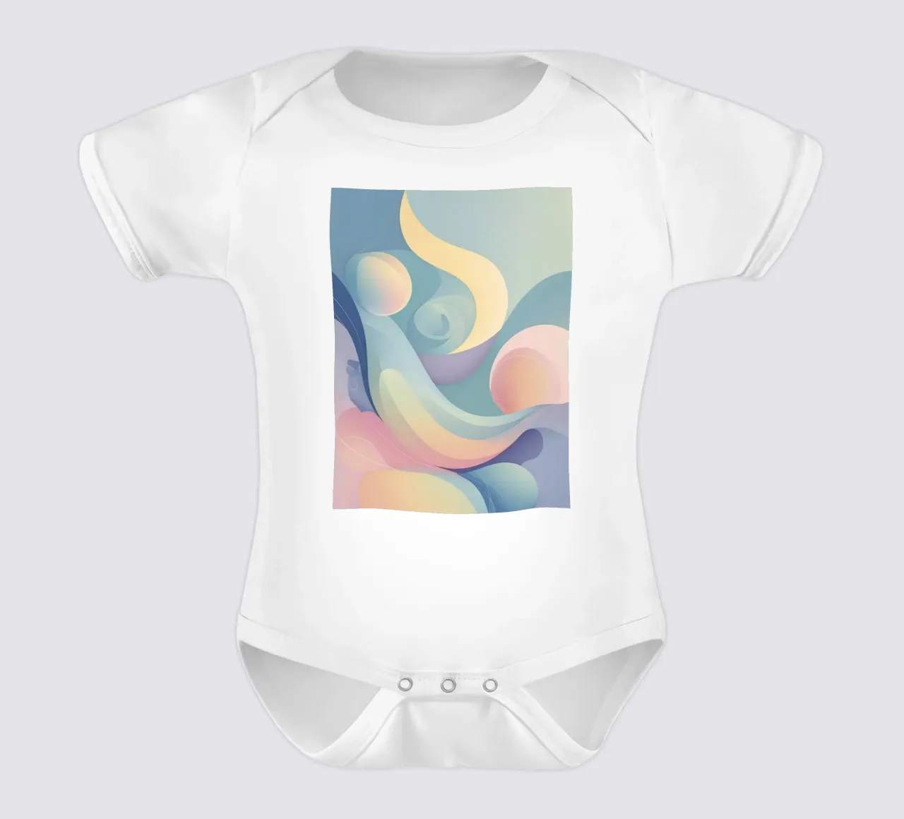 Abstract composition featuring flowing shapes, soft pastel short-sleeve baby romper by DesignDoodle