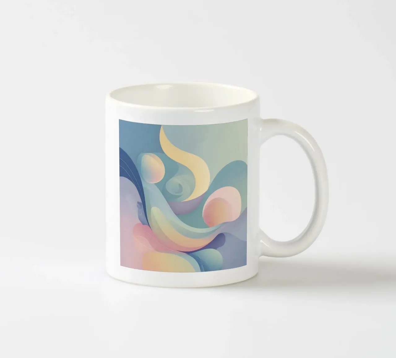 Abstract composition featuring flowing shapes, soft pastel ceramic mug by DesignDoodle