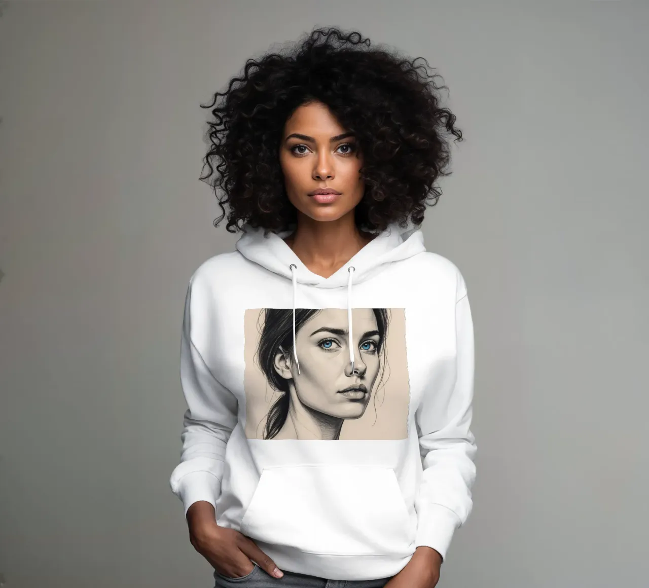 Elegante retrato de mujer con llamativos ojos azules sudadera con capucha de DesignDoodle