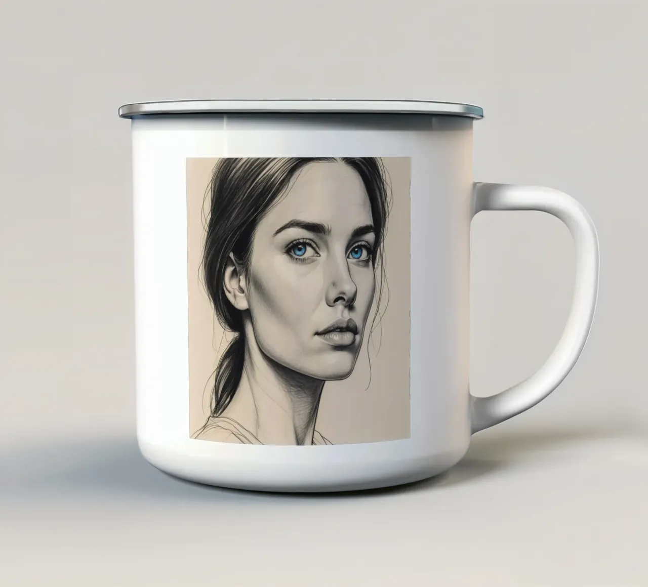 Elegante ritratto di donna con suggestivi occhi azzurri tazza in smalto da DesignDoodle