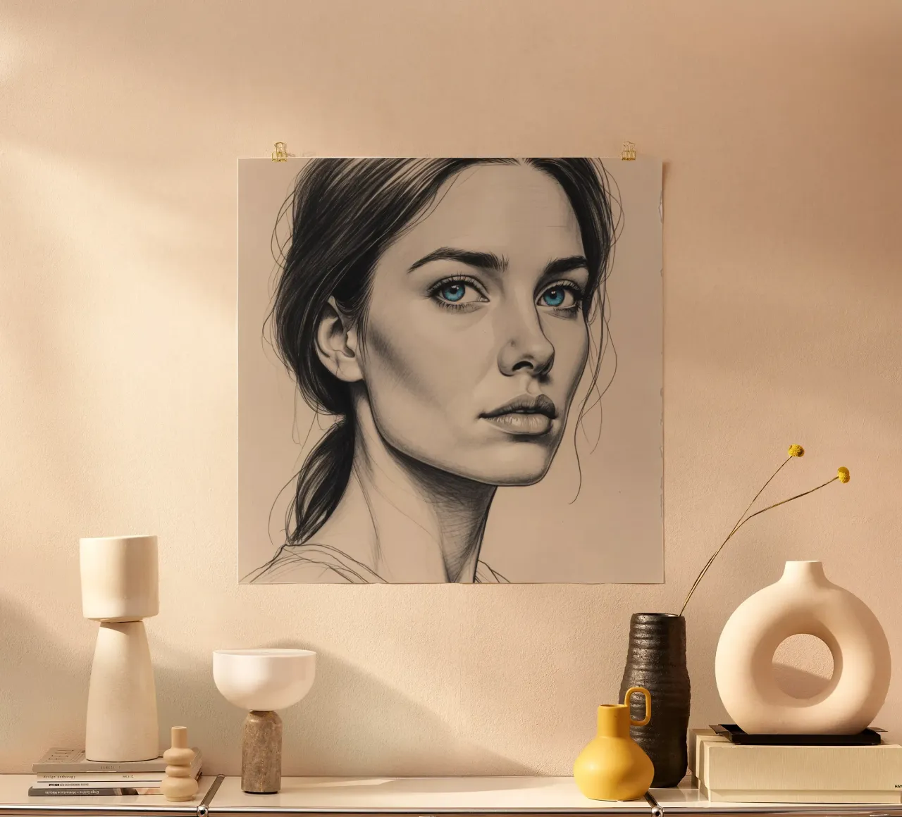 Portrait élégant d'une femme aux yeux bleus remarquables hahnemühle de DesignDoodle