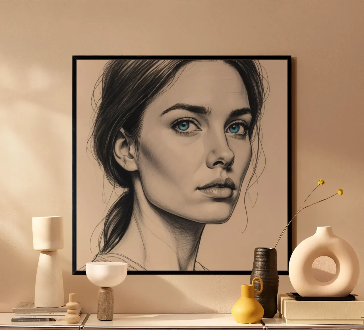 Portrait élégant d'une femme aux yeux bleus remarquables hahnemühle de DesignDoodle
