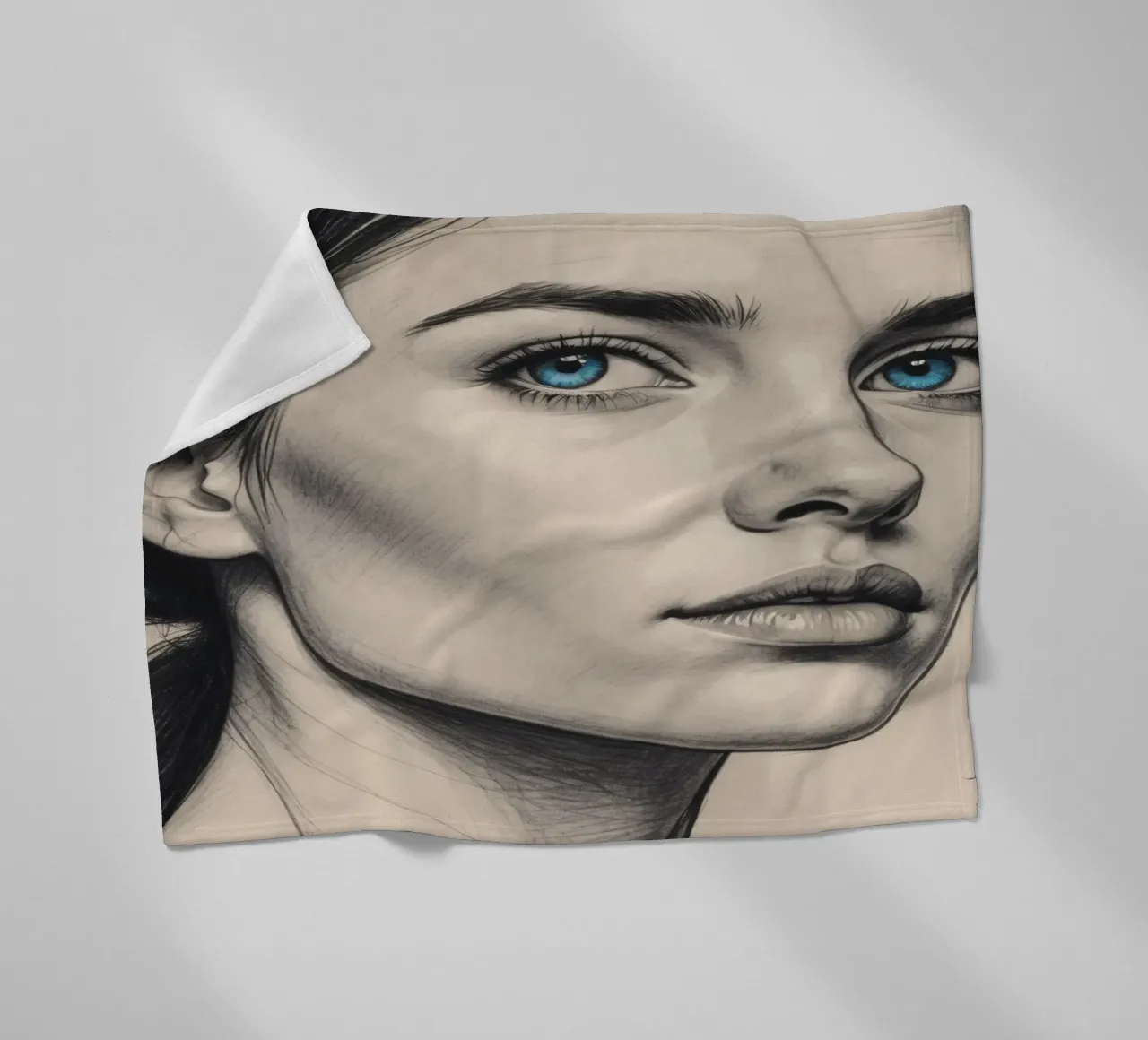 Elegant portrait of a woman with striking blue eyes fleece blanket by DesignDoodle