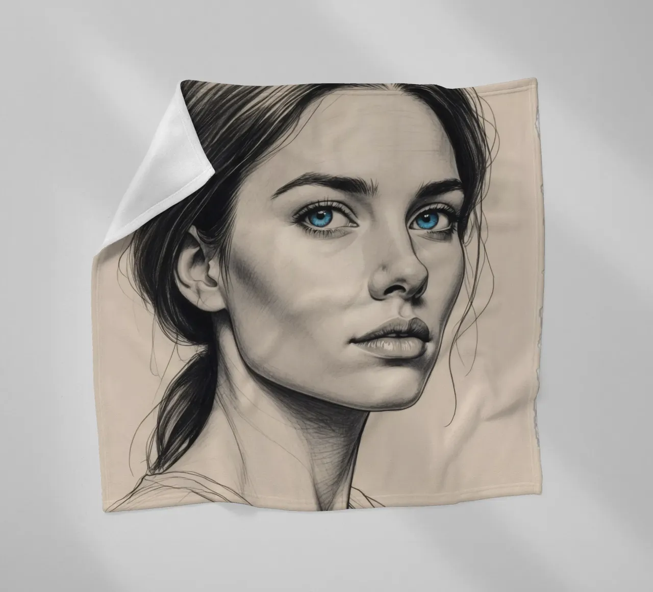 Elegant portrait of a woman with striking blue eyes fleece blanket by DesignDoodle