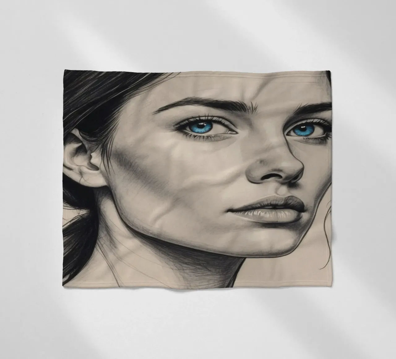 Elegant portrait of a woman with striking blue eyes fleece blanket by DesignDoodle