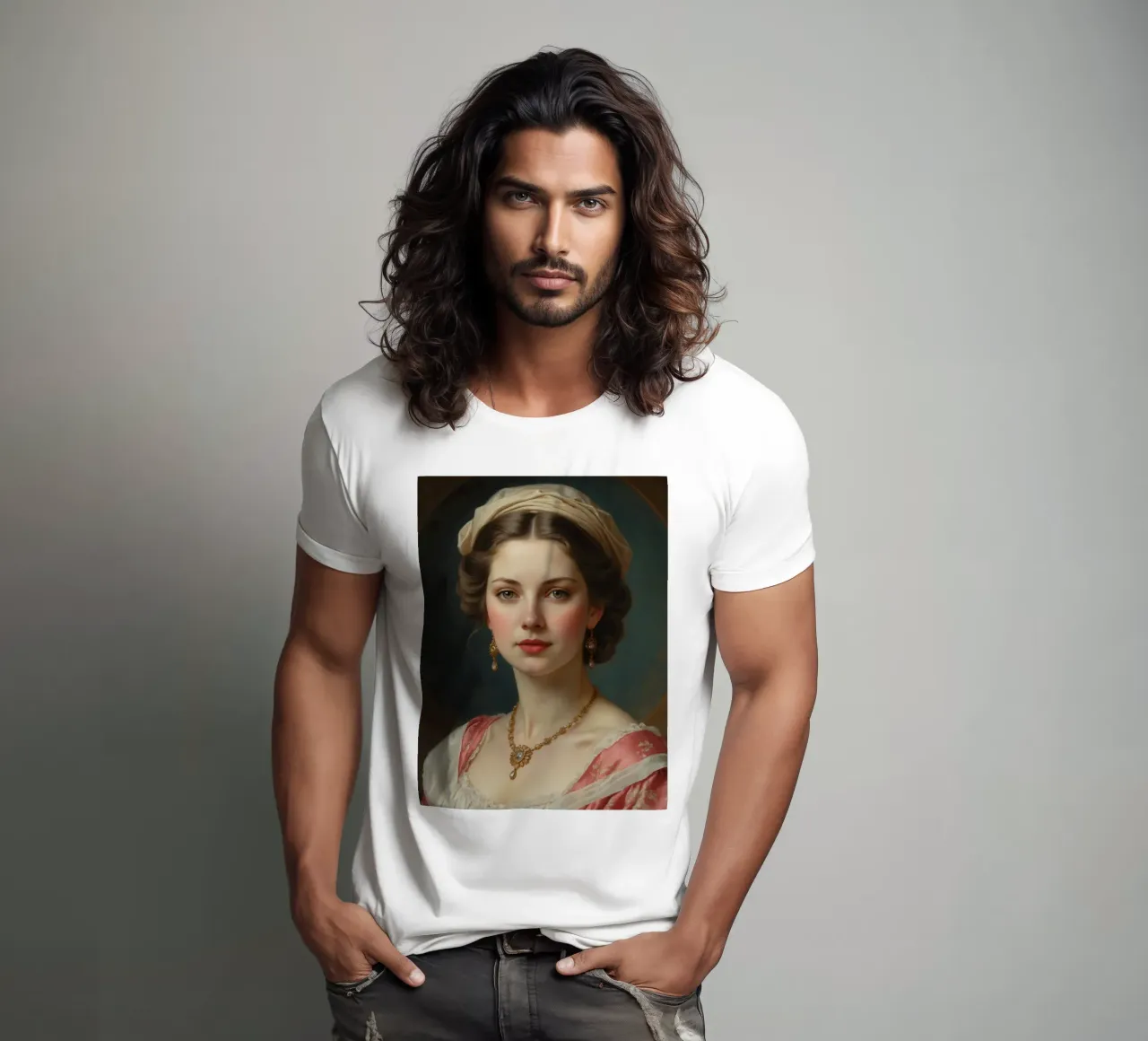 Giovane donna elegante in abito storico con gioielli in posa t-shirt da DesignDoodle