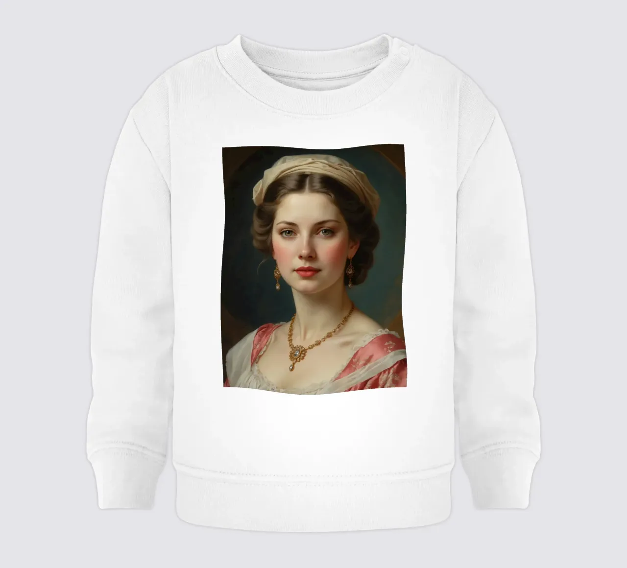 Giovane donna elegante in abito storico con gioielli in posa felpa neonato da DesignDoodle