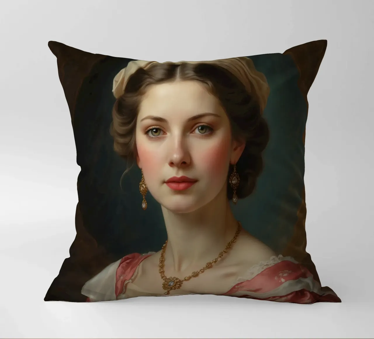 Giovane donna elegante in abito storico con gioielli in posa cuscino da DesignDoodle