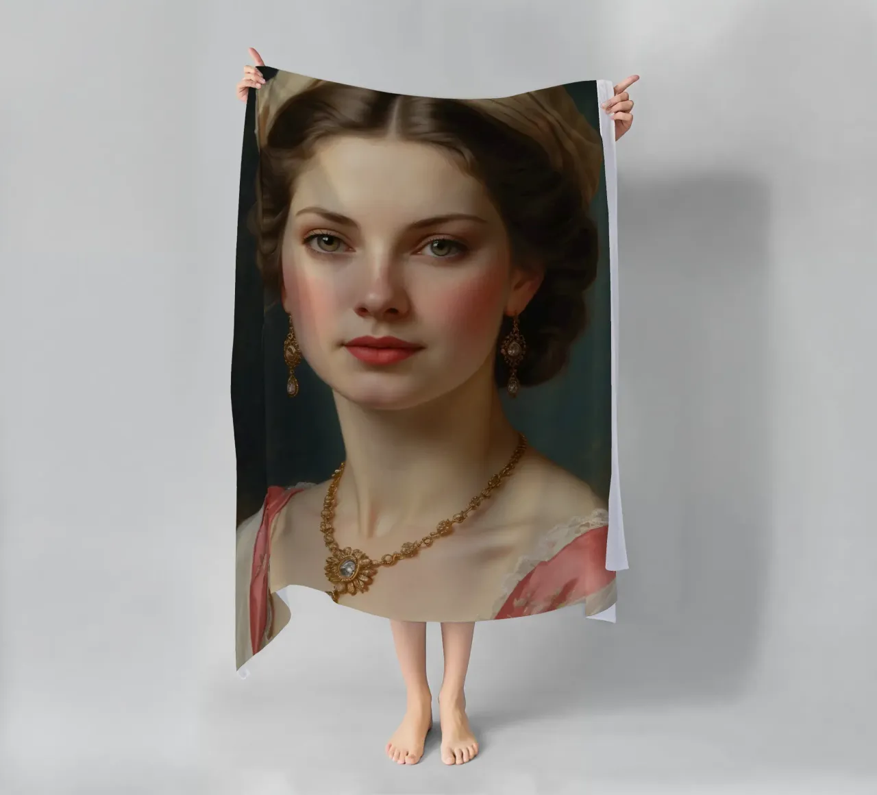 Giovane donna elegante in abito storico con gioielli in posa telo mare da DesignDoodle
