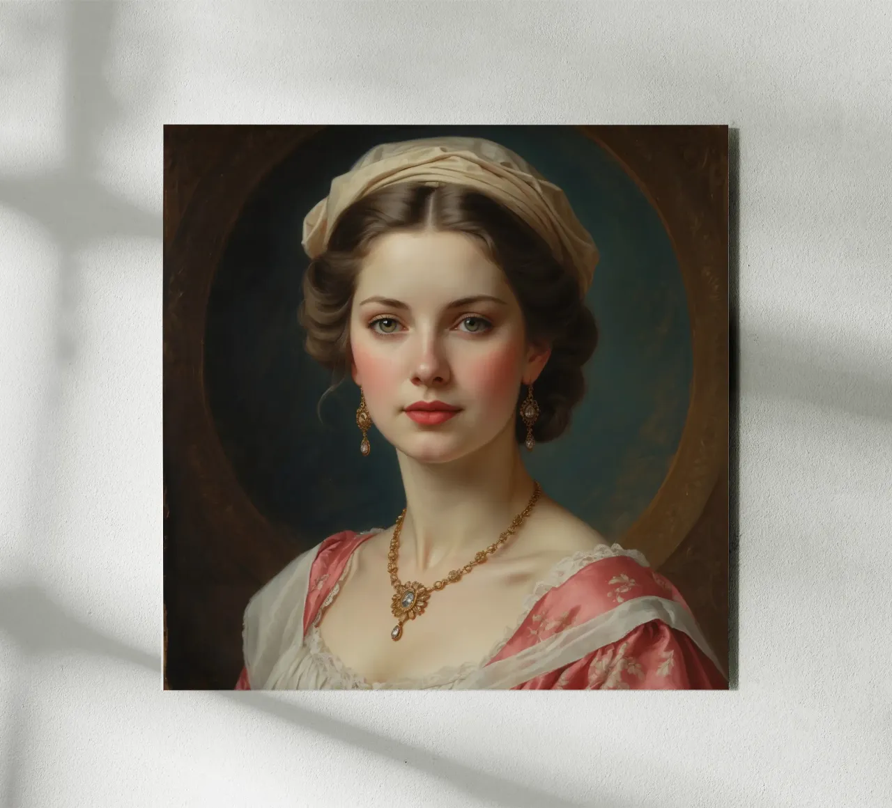 Giovane donna elegante in abito storico con gioielli in posa alluminio dibond da DesignDoodle