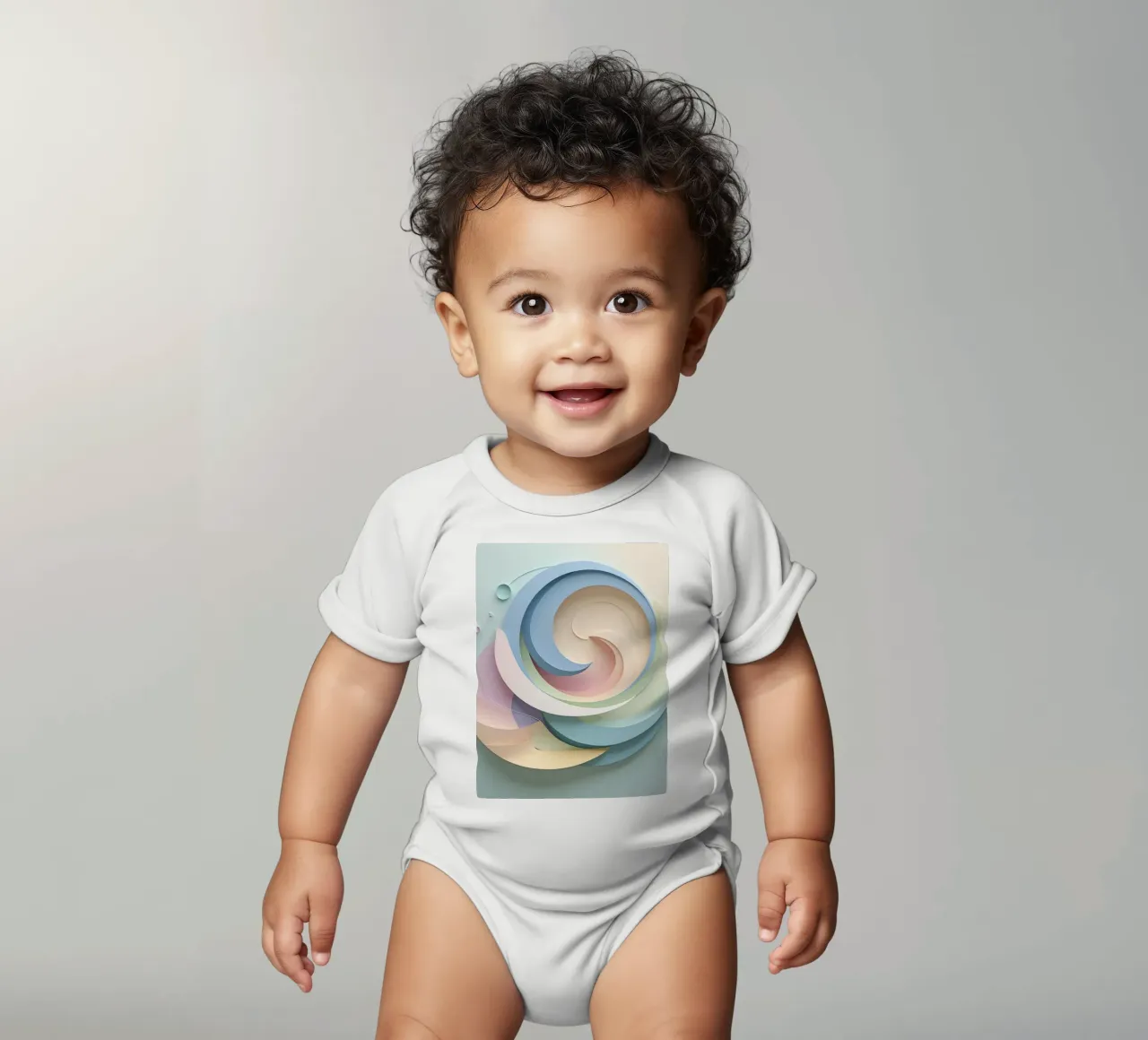 Swirling pastel patterns create a mesmerizing display short-sleeve baby romper by DesignDoodle