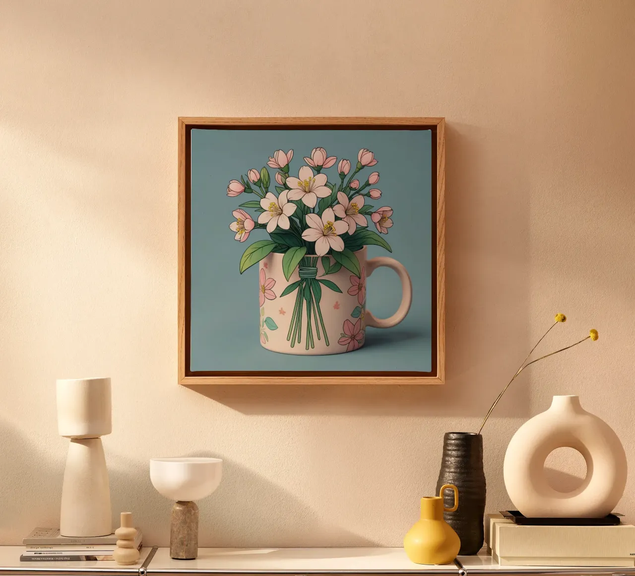 Una tazza dai colori vivaci contiene un bouquet di fiori delicati tela con Cornice a cassetta da DesignDoodle