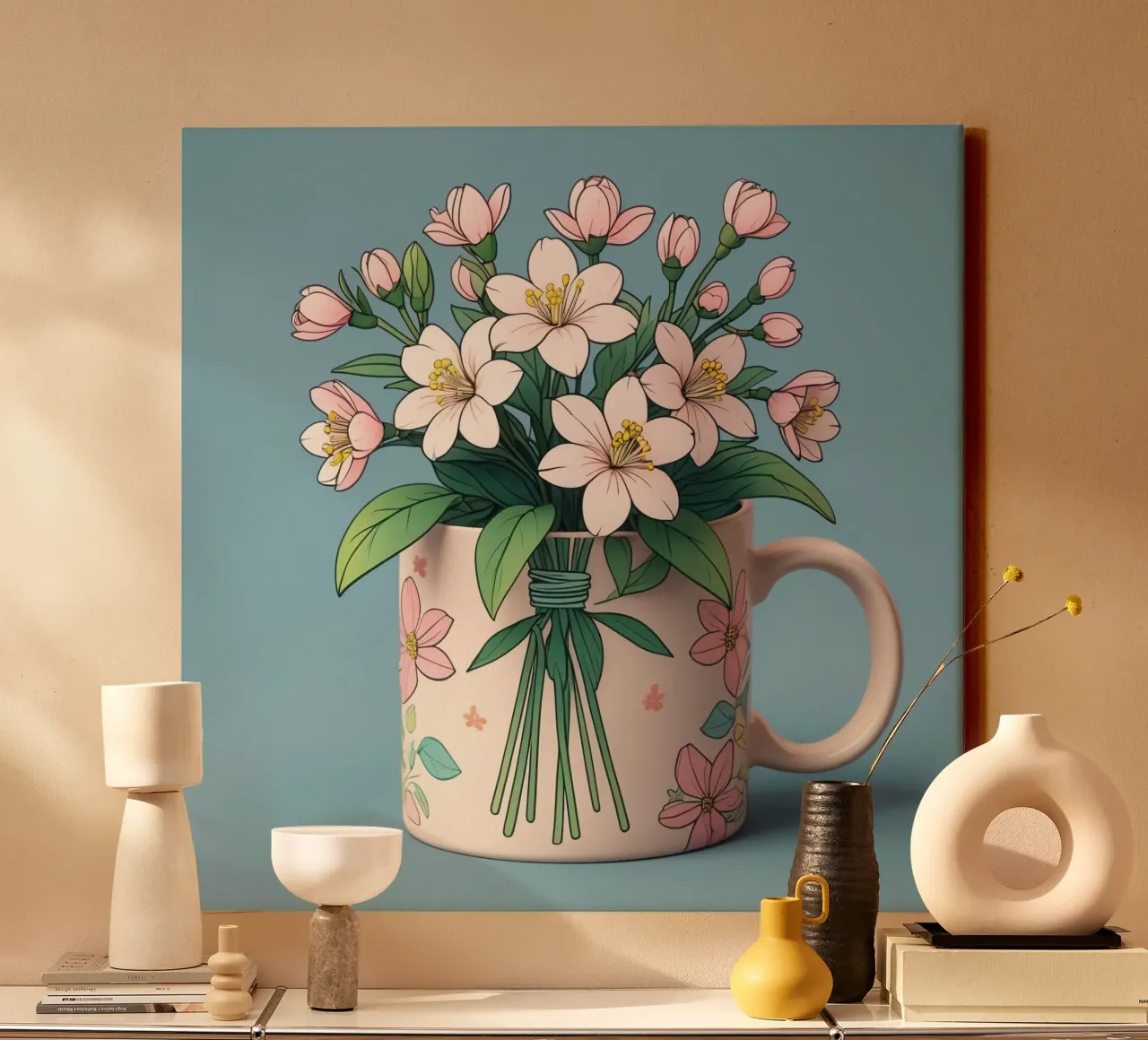 Una tazza dai colori vivaci contiene un bouquet di fiori delicati tela con Cornice a cassetta da DesignDoodle