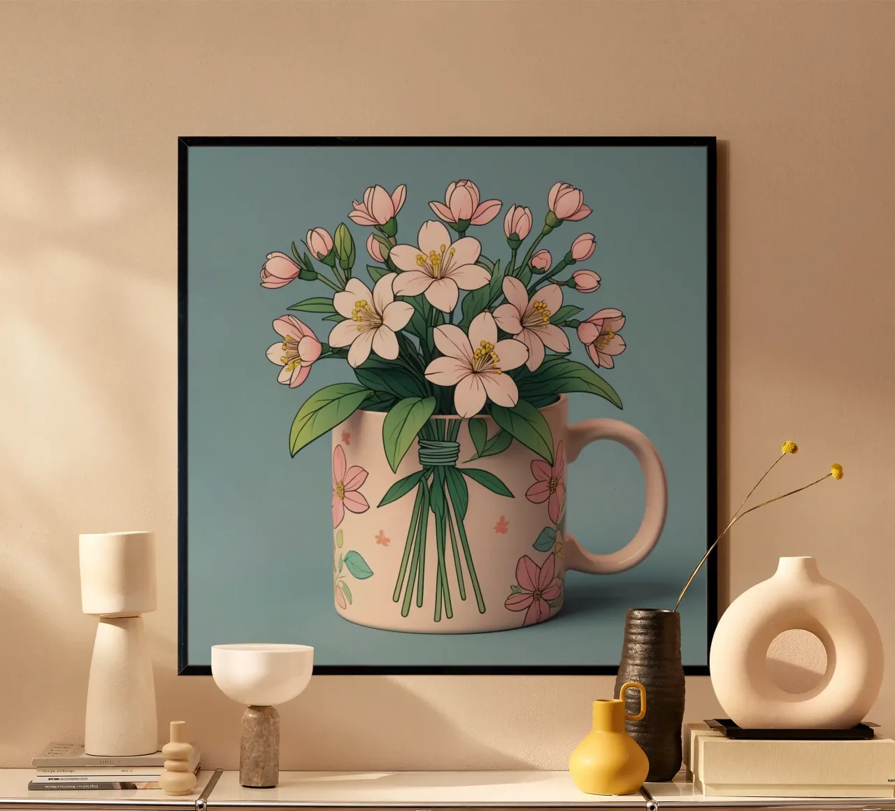Una tazza dai colori vivaci contiene un bouquet di fiori delicati poster con telaio in legno da DesignDoodle