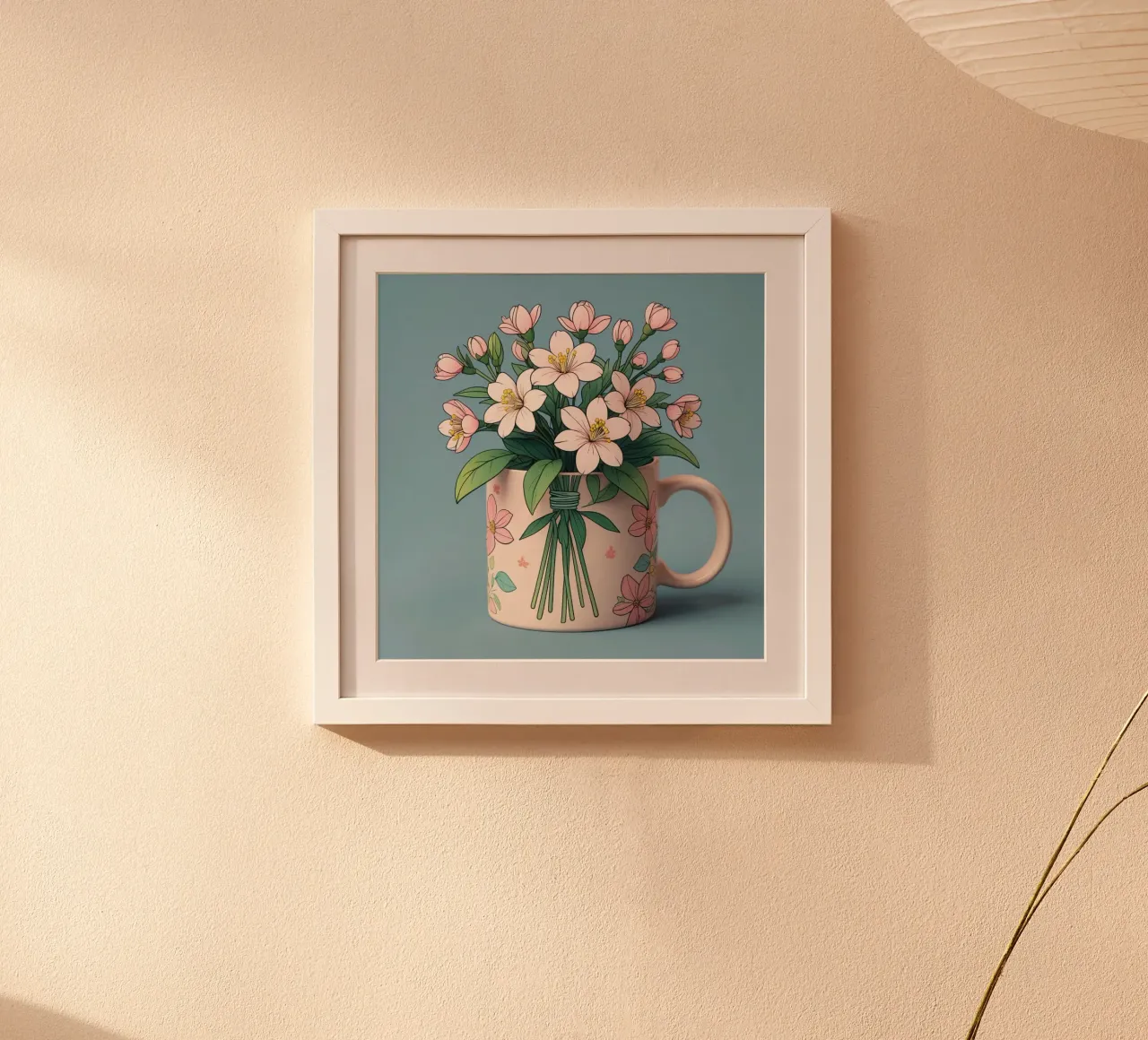 Una tazza dai colori vivaci contiene un bouquet di fiori delicati poster con telaio in legno da DesignDoodle