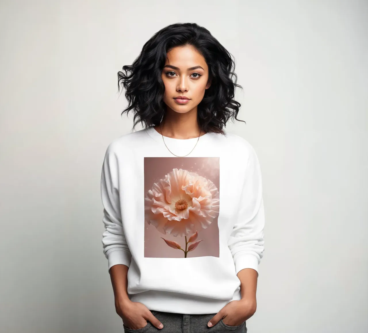 Delicate pink flower with ruffled petals illuminated in soft sweatshirt by DesignDoodle