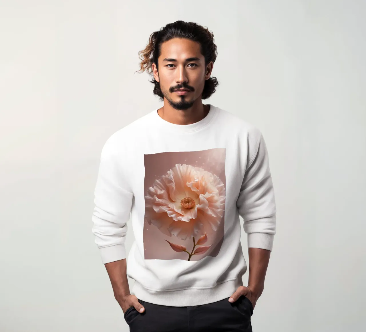 Delicate pink flower with ruffled petals illuminated in soft sweatshirt by DesignDoodle