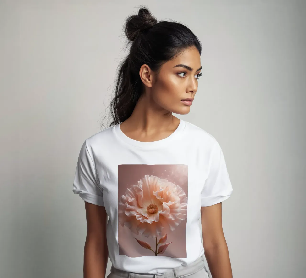 Delicate pink flower with ruffled petals illuminated in soft t-shirt by DesignDoodle