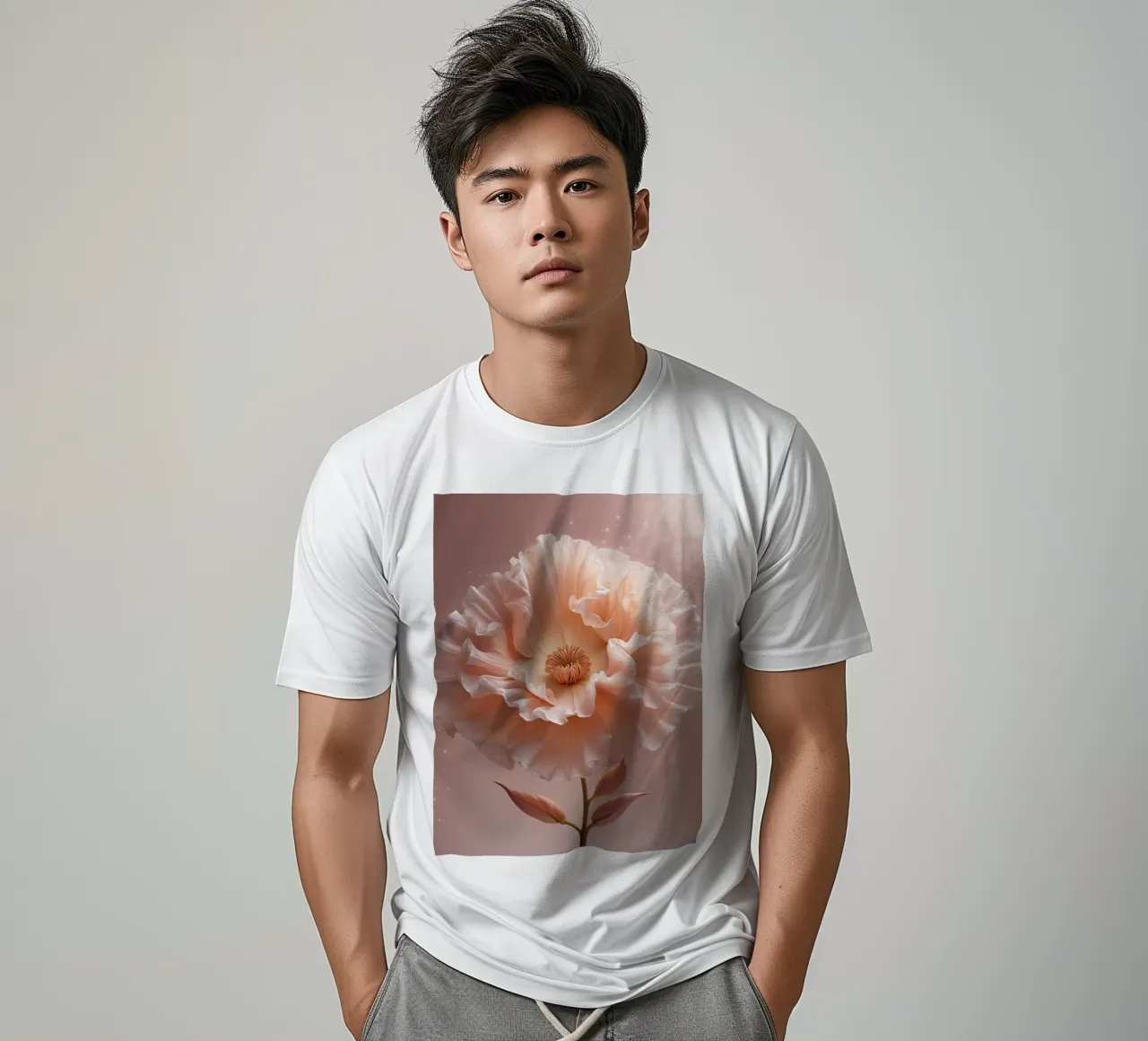 Delicate pink flower with ruffled petals illuminated in soft t-shirt by DesignDoodle
