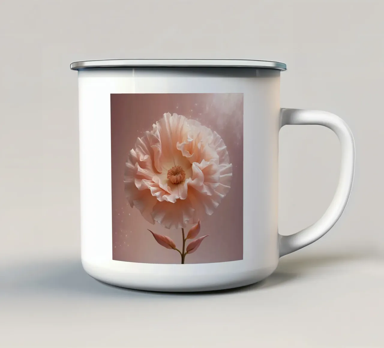 Delicato fiore rosa con petali arruffati e illuminati da una luce soffusa. tazza in smalto da DesignDoodle