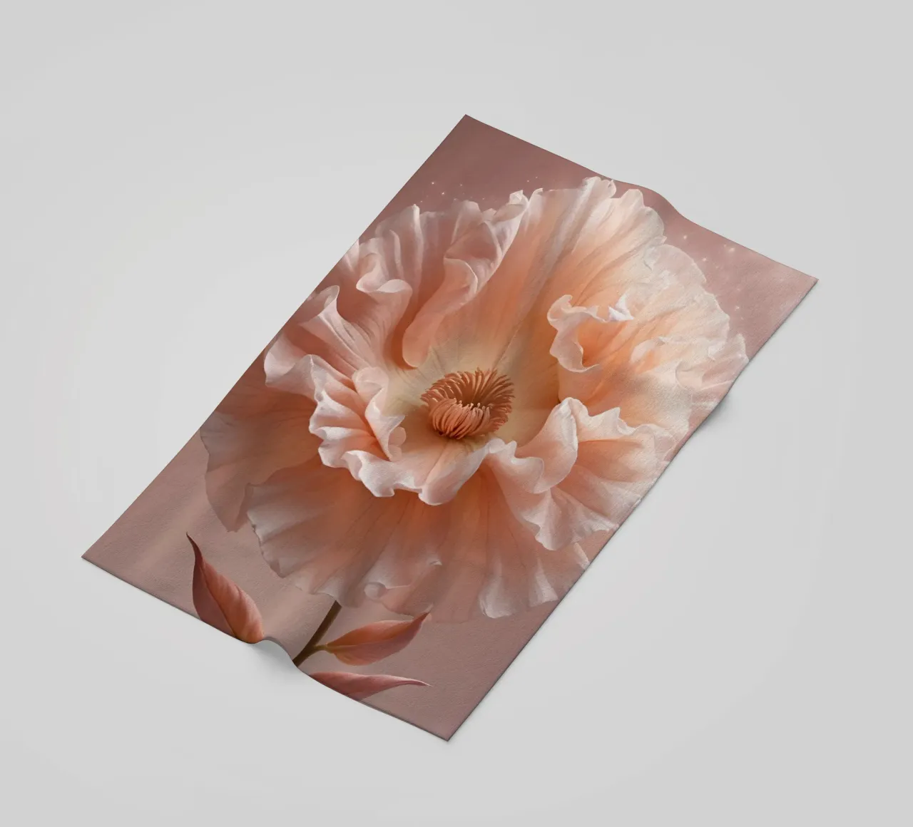 Delicate pink flower with ruffled petals illuminated in soft beach towel by DesignDoodle