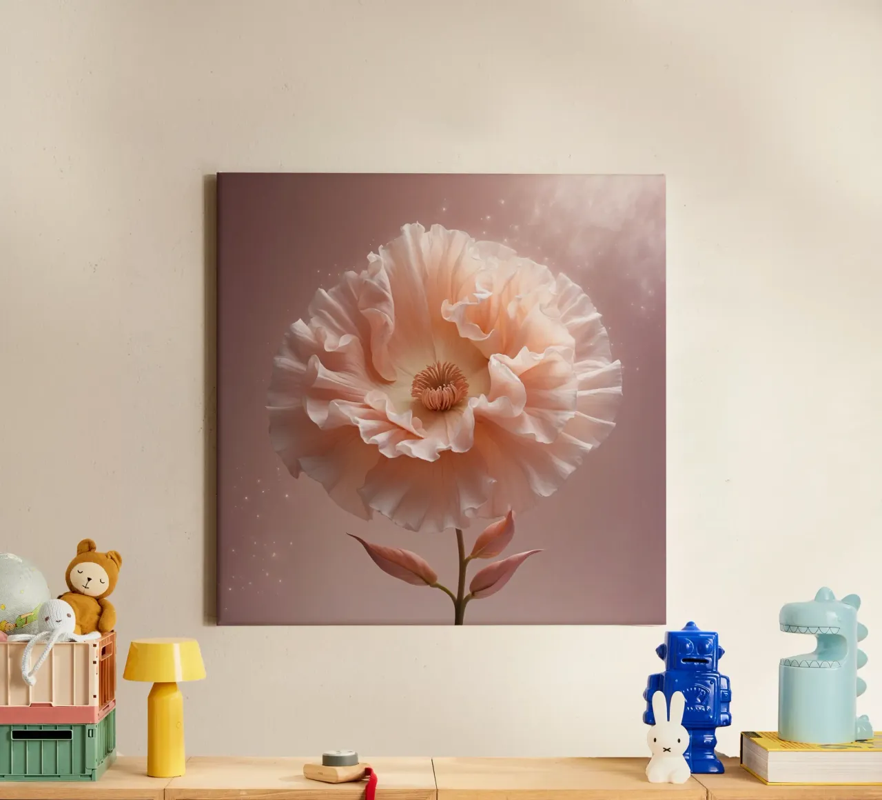 Delicate roze bloem met geplooide bloemblaadjes verlicht in zachte canvas met Baklijst van DesignDoodle