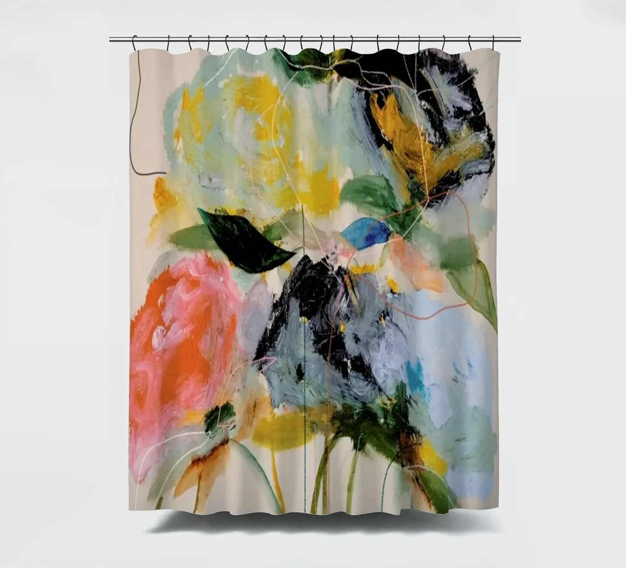 Bloomseries Cadmium shower curtain by Leigh Viner