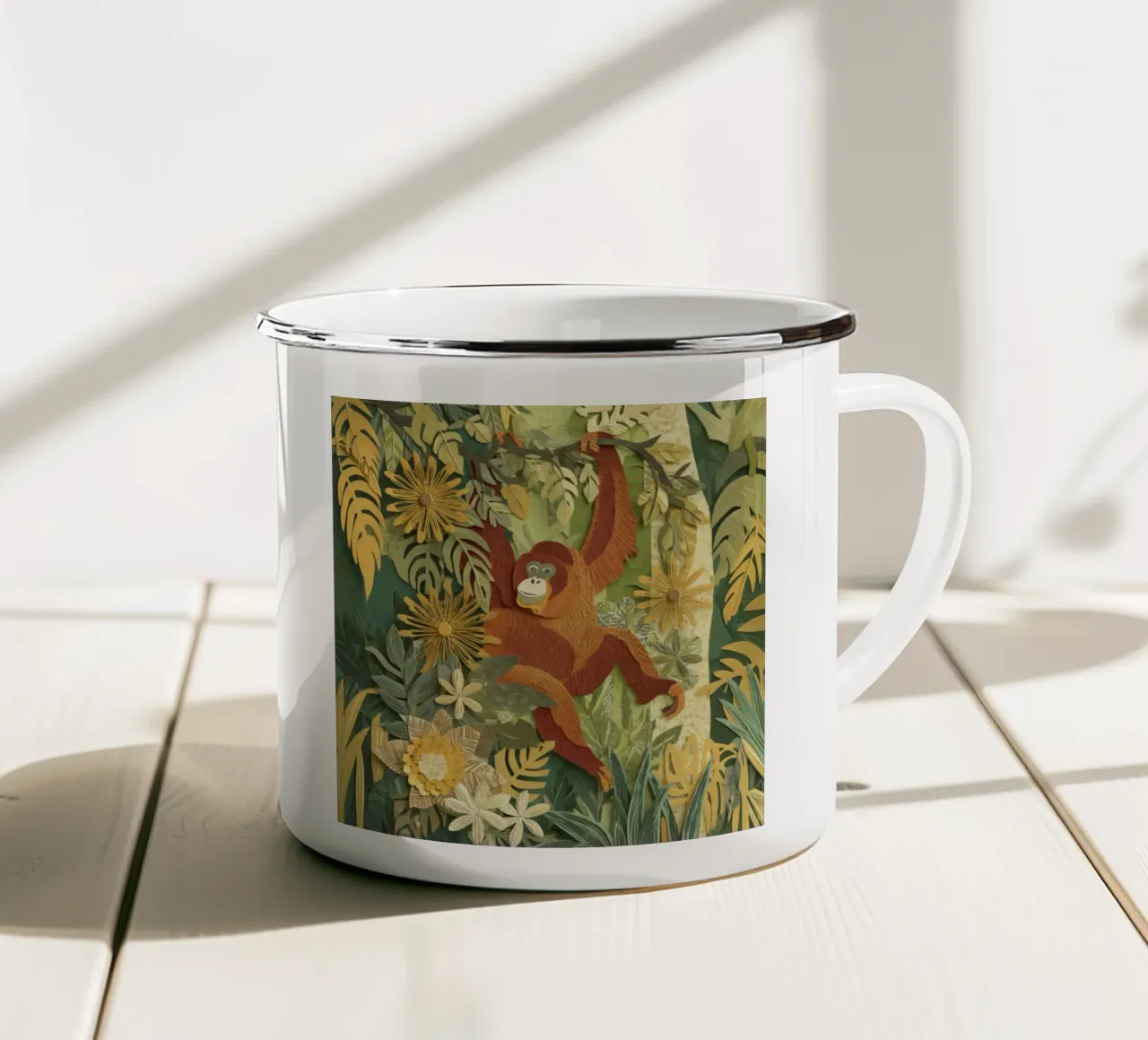 Orangutan Jungle Collage Art Vintage Tropical Botanical tazza in smalto da Modern Muse