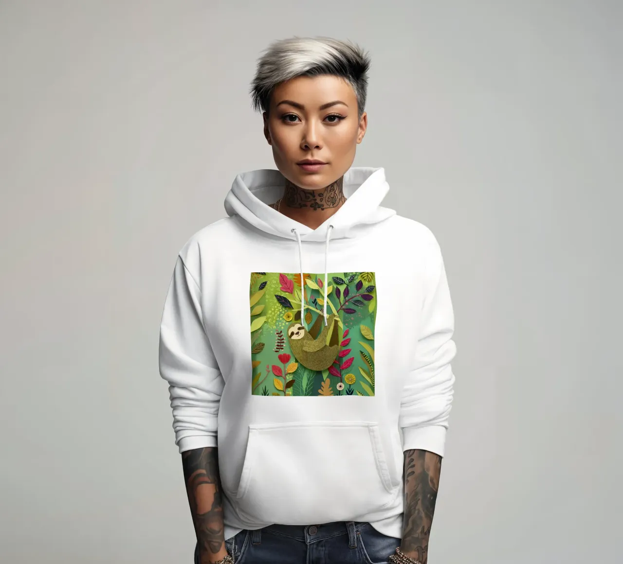 Bradipo Giungla Collage Art Vintage Tropicale Botanico Fauna Selvatica felpa con cappuccio da Modern Muse