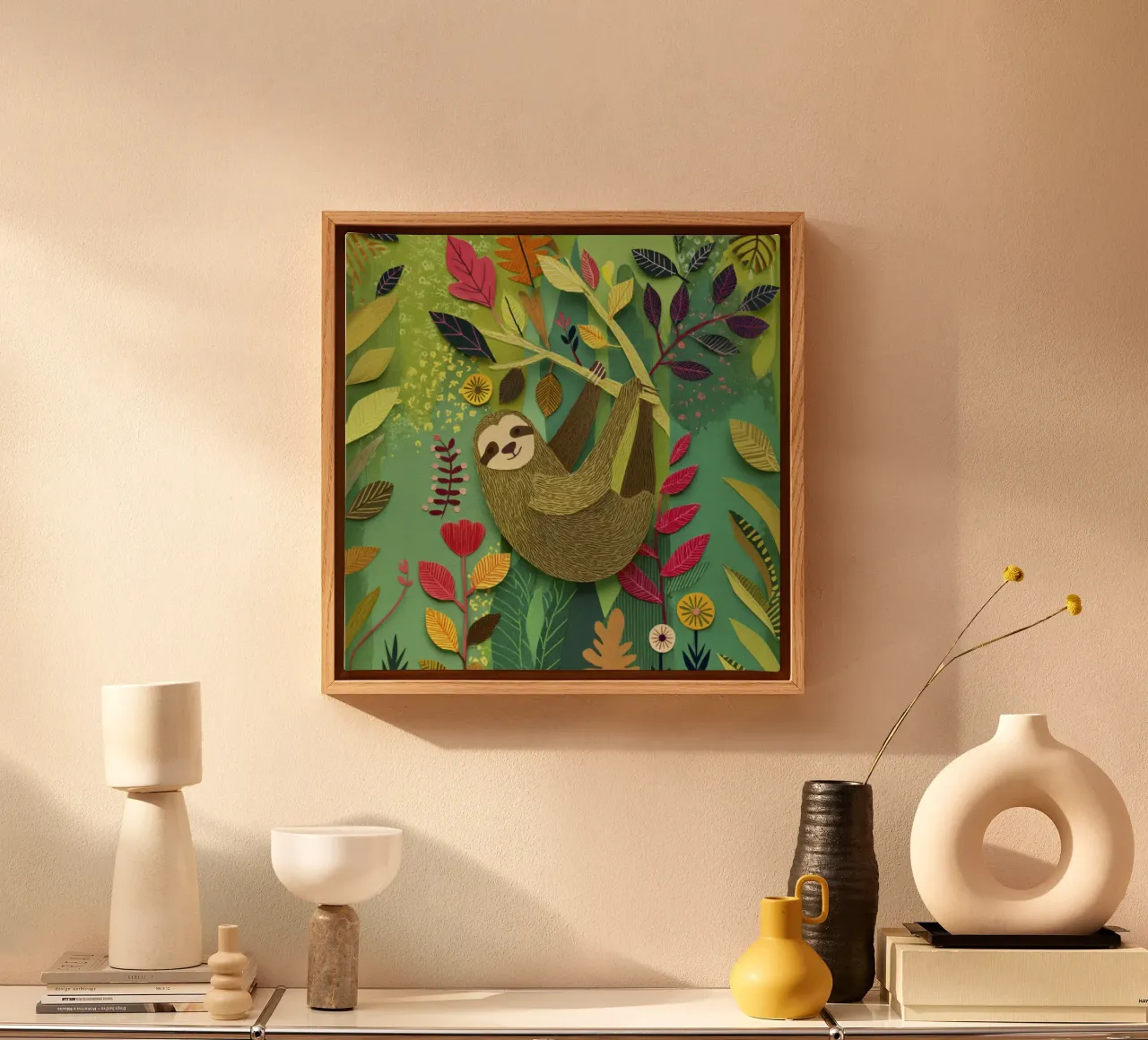 Bradipo Giungla Collage Art Vintage Tropicale Botanico Fauna Selvatica tela con Cornice a cassetta da Modern Muse